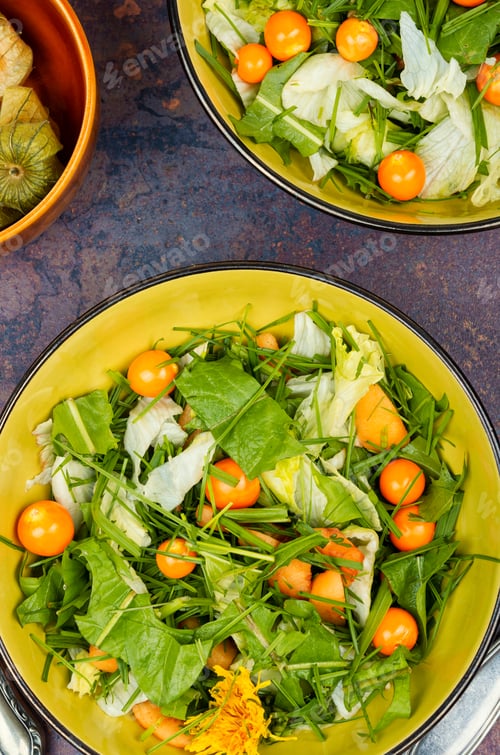 Preview: Salad from herbs and physalis.