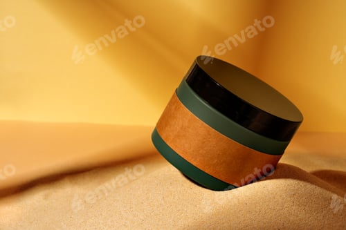 Preview: Cosmetic product jar on beach sand background