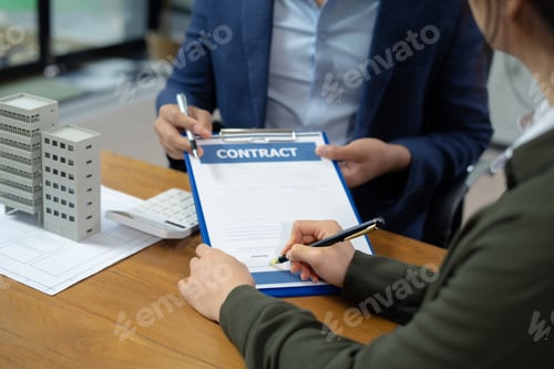 Preview: Real estate broker agent presenting and consult to customer to decision making sign insurance