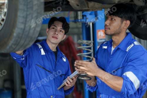 Preview: Auto car repair service center. Mechanic examining car suspension