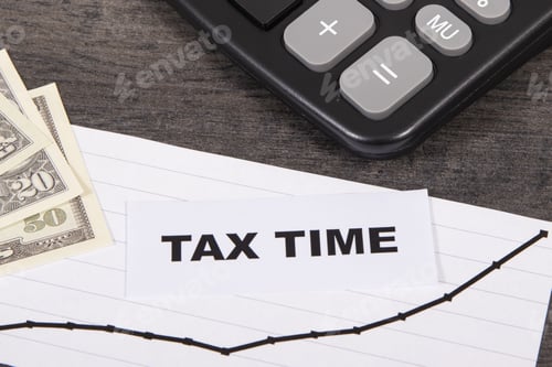 Preview: Rising graph showing tax increases, calculator and dollar banknotes. Calculating and paying tax