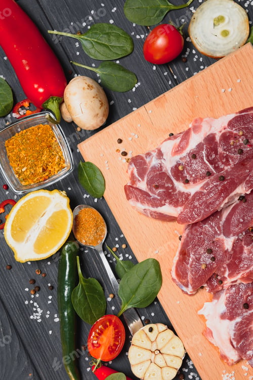 Preview: raw meat with fresh vegetables and spices on wooden background. Top view.