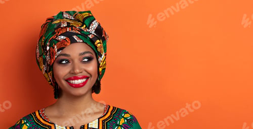 Preview: Authentic african woman looking at copy space, closeup, banner