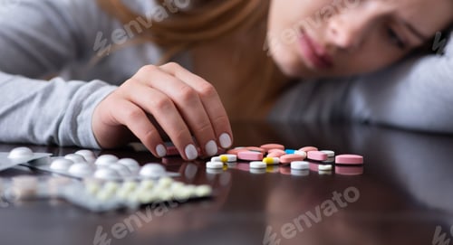 Preview: Emotional exhaustion and suicide. Closeup of depressed young lady with pills planning to kill