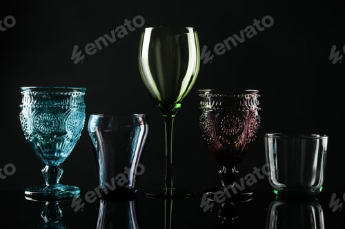 Preview: Set of different colorful empty glasses on black background