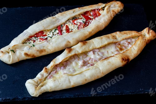 Preview: Closeup shot of delicious flatbread pockets with different fillings