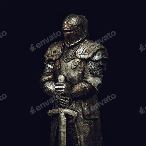 Preview: Statue of medieval knight in metal armor with a sword, isolated on dark black background