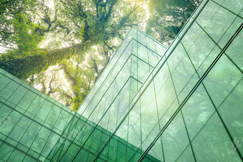 Preview: Eco-friendly building in the modern city. Sustainable glass office building with tree for reduce CO2