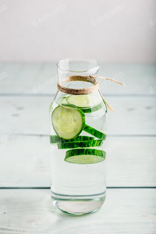 Preview: Infused water with sliced cucumber in bottle