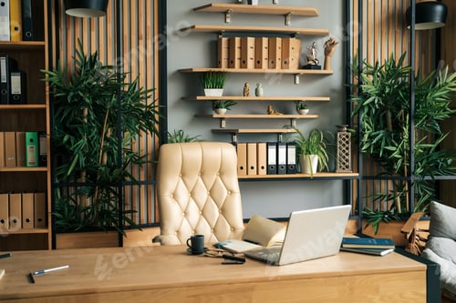 Preview: Modern office of general manager, businessman, ceo. Stylish wooden table, leather chair, interior. W