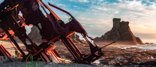 Preview: Ship wreck. Rocky Shore on the West Coast of Pacific Ocean. Nature Background.