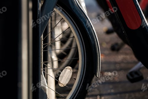 Preview: Detail of public bike wheel in London.