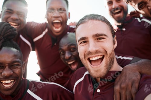 Preview: Excited, portrait and rugby group in celebration at field outdoor for tournament, exercise goal and