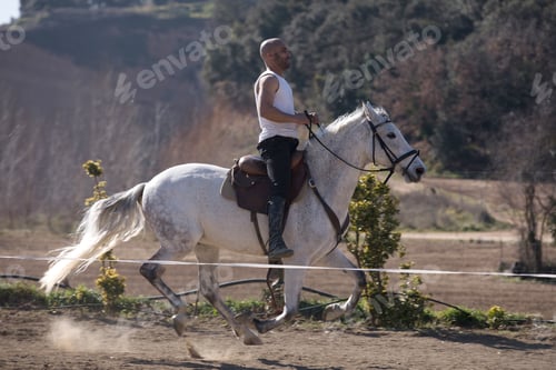 Preview: Young guy in casual outfit riding white horse on sandy ground