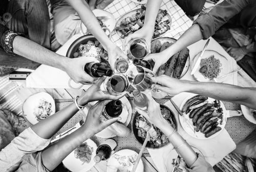 Preview: Aerial view of people toasting together