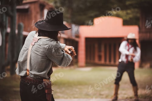 Preview: Cowboy posing shooting rifle by gun on hand to show protected weapon wearing cowboy dresser and hat