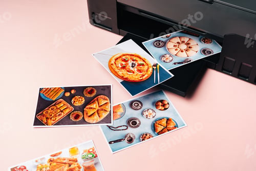 Preview: Modern laser printer printing color photos of food close up