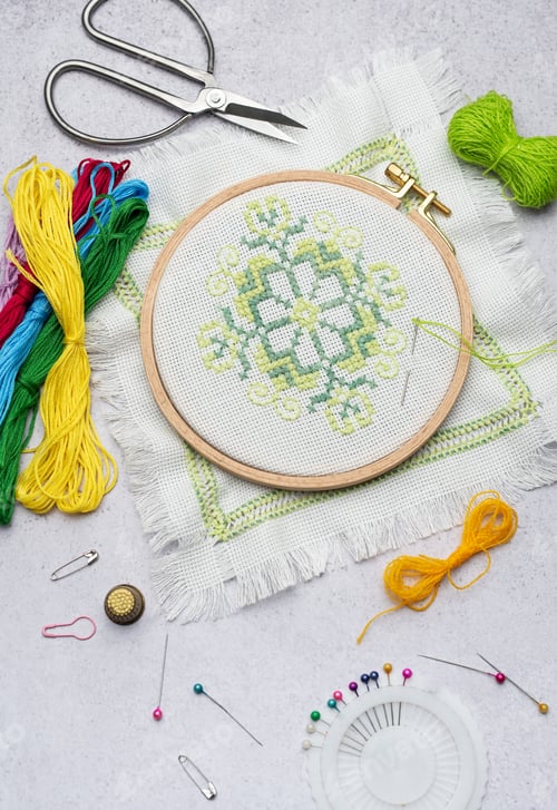 Preview: Embroidery with colored threads and various sewing accessories