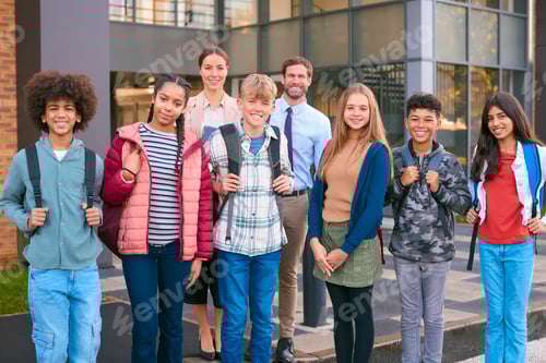 Preview: Portrait Of Class Of Secondary Or High School Pupils Standing Outside School Building With Teachers