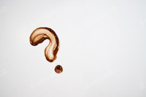 Preview: Question mark made from chocolate syrup, isolated on white