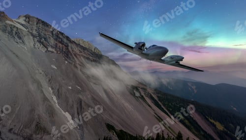 Preview: Aerial Dream: Sleek Airplane Glides Over Mountain Ridge Beneath Aurora Lighting at Dusk