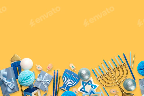 Preview: Colorful Hanukkah items arranged on a yellow background