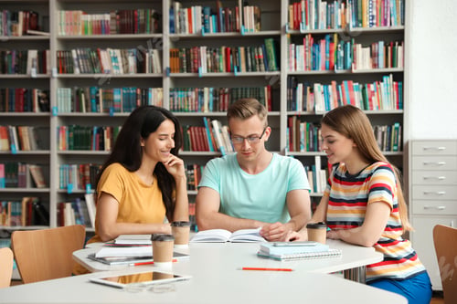 Preview: Young people discussing group project at table in library