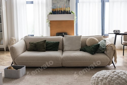 Preview: modern living room with beige sofa and pillows in scandinavian style