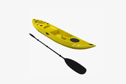 Preview: Yellow rectangular kayak with paddles and tied laces