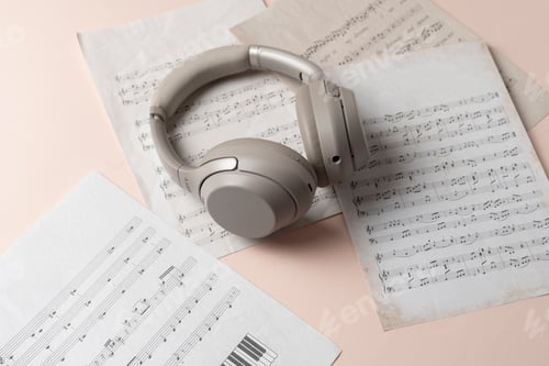 Preview: a grey headphones on the music notes paper sheet