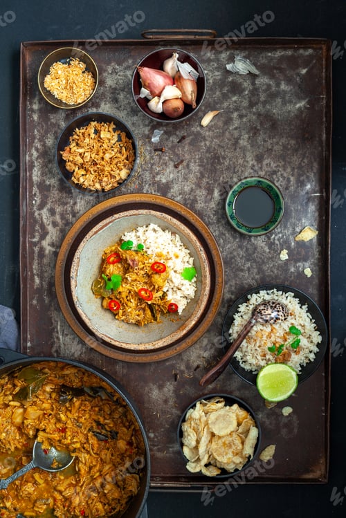 Preview: Top view of vegan Indonesian jackfruit rendang (translation: stew) served with rice on a brown plate