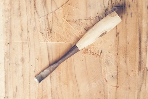 Preview: Carpenter tools on wooden table with sawdust. Carpenter workplace top view