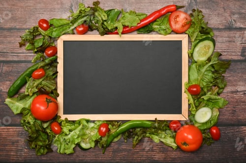 Preview: Empty black board surrounded by organic vegetables on wooden table. Healthy eating background.