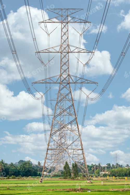 Preview: Arrangement of High voltage pole, Transmission tower on rice field in countryside