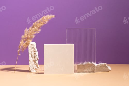 Preview: Creative geometric podium, bright sunlight and shadows purple background, gothic style, mockup