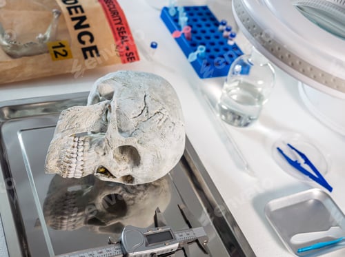 Preview: Human skull of a murdered adult in forensic lab, conceptual image