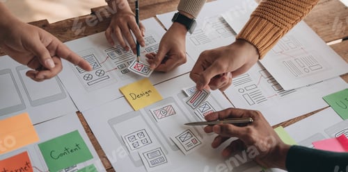 Preview: Close up ux developer and ui designer brainstorming about mobile app interface wireframe design on