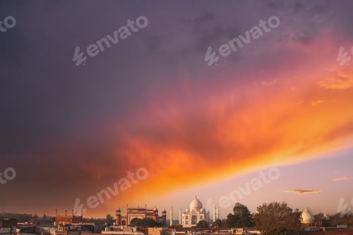 Preview: Taj Mahal in Agra, Uttar Pradesh, India. sunrise sky above Fabulous Taj mahal travel concept. indian