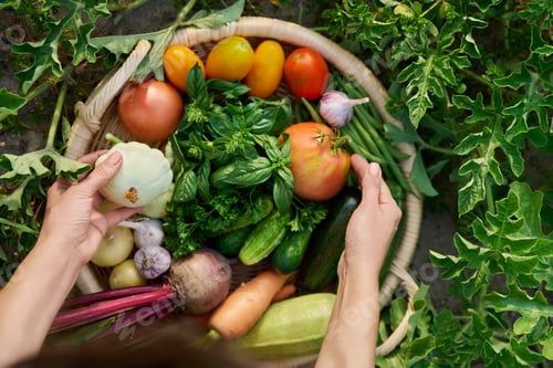 Preview: Top view of basket with many different vegetables herbs with farmer hands