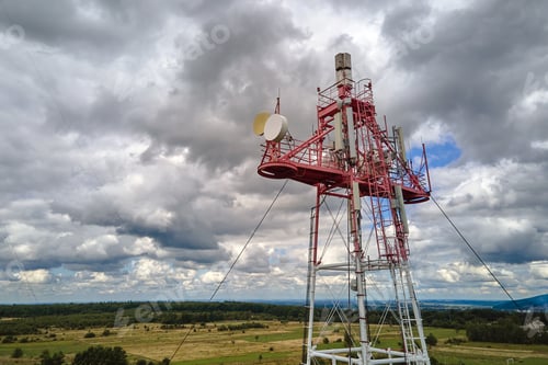 Preview: Aerial view of telecommunications cell phone tower with wireless communication