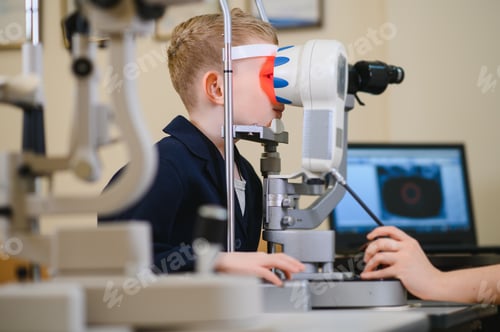 Preview: Child undergoing eyesight examination with ophthalmological equipment in clinic
