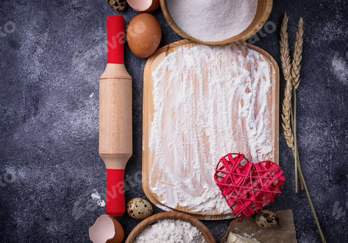 Preview: Ingredients for baking. Egg, flour, sugar and butter