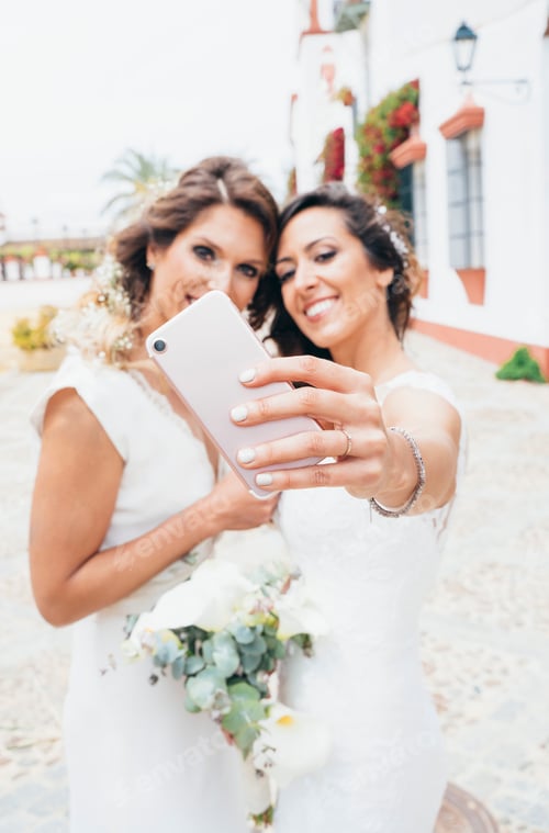 Preview: Portrait of a proud couple kissing each other with white wedding dresses