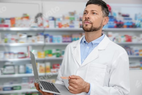 Preview: Concentrated pharmacist with laptop in modern drugstore