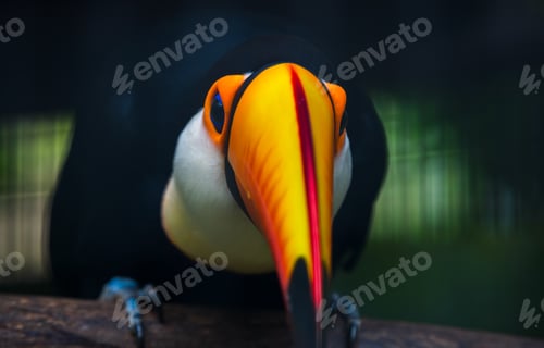Preview: Toco Toucan bird's face front view, vibrant colorful beak close up, orange and yellow bill