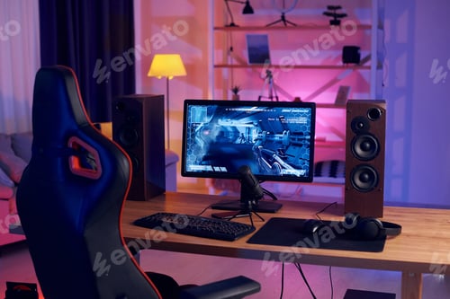 Preview: PC at home with shooter game launched on. FPS experience virtual reality