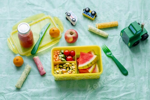 Preview: Kids picnic food box background wallpaper, watermelon and veggies