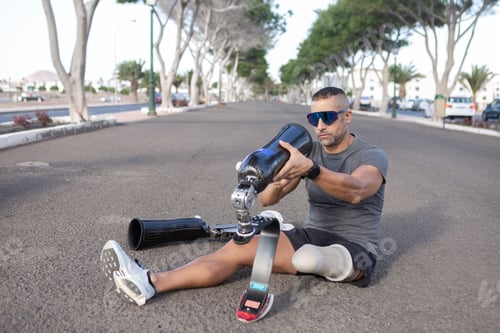 Preview: Male amputee sitting on road and putting on artificial leg