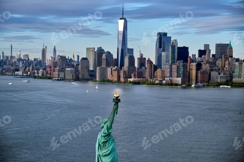 Preview: Drone shot of Statue of Liberty and lower Manhattan skyline, New York, USA