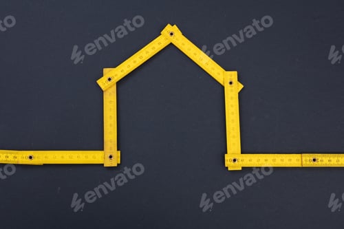 Preview: Home repair. House shape measure. Workshop, construction, renovation concept.